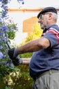 Under view of old man using hedge shears in the backyard of his garden