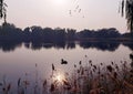 Scenery on the lake at dusk in early winter.