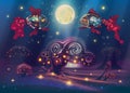 Under water fantasy world with magic fishes in dark sea or ocean with unusual trees, forest, bright stars, deep space landscape