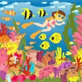 Under the water near the coral reefs, children aqua divers swim together with fish, jellyfish and a stingray.