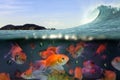 Under water split view of swimming fish and ocean wave Royalty Free Stock Photo