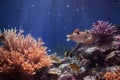 Under the water. Underwater panorama with coral reefs and fishes. Background. Underwater scene - tropical seabed with