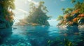 Under the water is a very detailed tide and a coral reef, above the water is a beautiful tropical island with large palm trees. Royalty Free Stock Photo