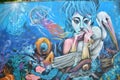 Under Water Woman Street art graffiti in Valparaiso Chile colorfull