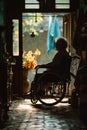 Under the weight of pressure, a caregiver strives to nurture amidst neglect, showing care in a dimly lit, cluttered room