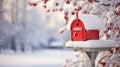 Mailboxes adorned with winter\'s snowy, serene cover.AI Generated