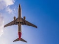 The underbelly of a jet airplane as it flies overhead. Royalty Free Stock Photo