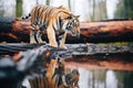 underbelly view of a tiger walking on a log Royalty Free Stock Photo