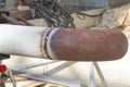 Undercooked weld butt covered with slag. Piping during manual arc welding using an electrode. Installation and welding of Royalty Free Stock Photo