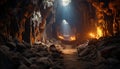 Underground adventure spelunking through dark, illuminated grotto, exploring nature mystery generated by AI Royalty Free Stock Photo