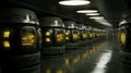 An underground bunker designed for secure data storage, guarded by robotic sentinels