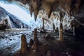 Underground cave, amazing scene , view of stalactites and stalagmite underground Royalty Free Stock Photo