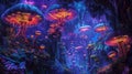 Underground city lit by phosphorescent fungi, advanced societies thriving below the surface, vivid colors painting a living