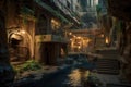 Underground city with river and rooms, fantasy of lost cave town and adventure, generative AI