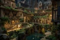 Underground city with river and rooms, fantasy of lost cave town and adventure, generative AI