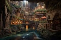 Underground city with river and rooms, fantasy of lost cave town, generative AI