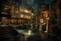Underground city with river and rooms, fantasy of lost cave town, generative AI
