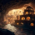 Underground city with river and rooms, fantasy of lost cave town, Surreal mystical fantasy artwork. Generative AI Royalty Free Stock Photo