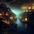 Underground city with river and rooms, fantasy of lost cave town, Surreal mystical fantasy artwork. Generative AI Royalty Free Stock Photo