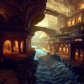 Underground city with river and rooms, fantasy of lost cave town, Surreal mystical fantasy artwork. Generative AI Royalty Free Stock Photo