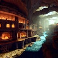 Underground city with river and rooms, fantasy of lost cave town, Surreal mystical fantasy artwork. Generative AI Royalty Free Stock Photo