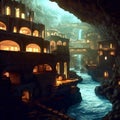 Underground city with river and rooms, fantasy of lost cave town, Surreal mystical fantasy artwork. Generative AI Royalty Free Stock Photo