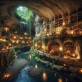 Underground city with river and rooms, fantasy of lost cave town, Surreal mystical fantasy artwork. Generative AI Royalty Free Stock Photo