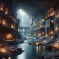 Underground city with river and rooms, fantasy of lost cave town, Surreal mystical fantasy artwork. Generative AI Royalty Free Stock Photo