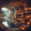 Underground city with river and rooms, fantasy of lost cave town, Surreal mystical fantasy artwork. Generative AI Royalty Free Stock Photo