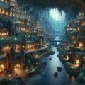 Underground city with river and rooms, fantasy of lost cave town, Surreal mystical fantasy artwork. Generative AI Royalty Free Stock Photo