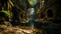 Underground city under lush jungle, connected by water channel. Ruins of an ancient civilization in tropics jungle Royalty Free Stock Photo