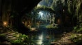 Underground city under lush jungle, connected by water channel. Ruins of an ancient civilization in tropics jungle