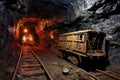 Underground coal mine with rails and trolley