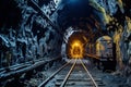 Underground coal mine with rails and trolley