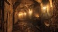 Underground crypts, dim torchlight, narrow view, hallowed ground, echoing past Royalty Free Stock Photo