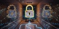 Underground cyber security hologram with digital padlock 3D rend Royalty Free Stock Photo