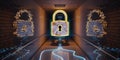 Underground cyber security hologram with digital padlock 3D rend Royalty Free Stock Photo