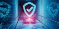 Underground cyber security hologram with digital shield 3D rendering