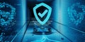 Underground cyber security hologram with digital shield 3D rendering