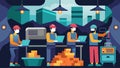 An underground factory with miners sorting through mounds of data utilizing technology to refine it into useful