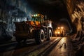 underground loader works in a mine tunnel. Dusty and humid with low light, Generative AI