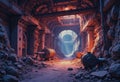Underground mining chamber with support structures and dramatic lighting Royalty Free Stock Photo
