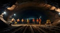 Underground mining scene with workers, tunnels, and drilling machines Royalty Free Stock Photo