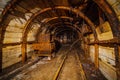 Underground mining tunnel with rails. Abandoned coal mine. Tunnels and passages in a coal mine Royalty Free Stock Photo