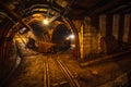 Underground mining tunnel with rails. Royalty Free Stock Photo