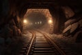 Underground mining tunnel with rails. generative ai Royalty Free Stock Photo