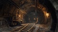Underground mining tunnel with support beams and track system Royalty Free Stock Photo