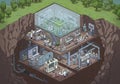 Underground multi-level laboratory with scientists working on Royalty Free Stock Photo