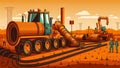 Underground Natural Gas Pipeline Construction with Excavation Machinery and Safety Precautions
