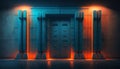 Underground Neon Orange Blue Sci Fi Futuristic Rock Wall Concrete Basement Parking. Generative ai Royalty Free Stock Photo